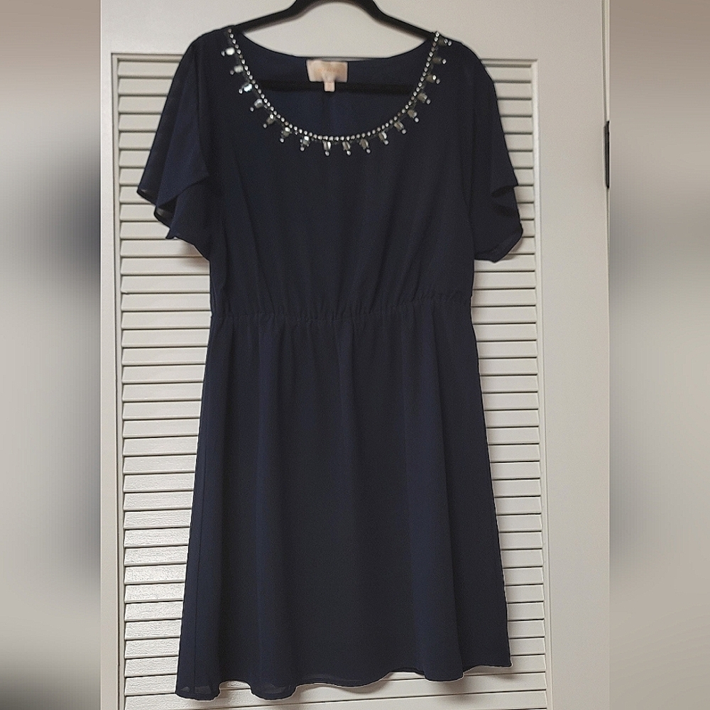 Skies Are Blue - Navy Blue Lightweight Dress With Lining & Beaded Detail